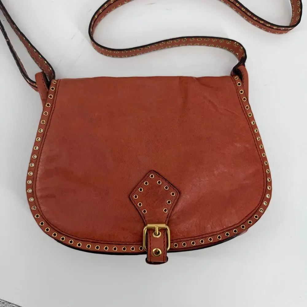 VTG Burnt Orange Leather Studded Crossbody Bag Boho Saddle Purse Rebecca Minkoff